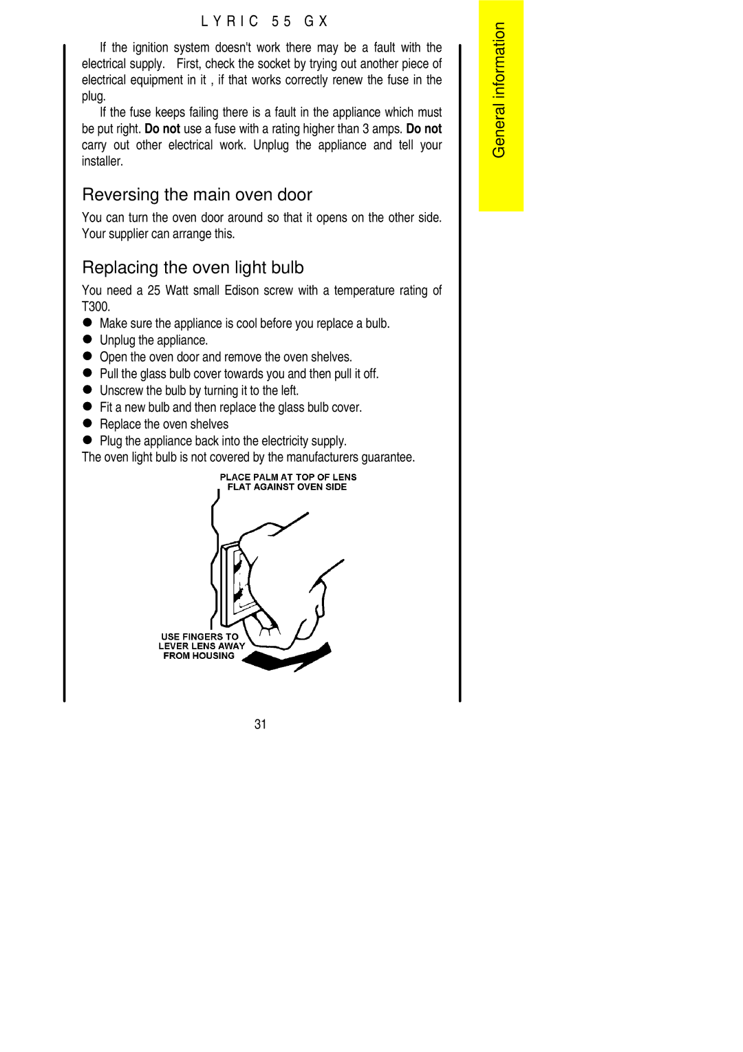 Electrolux 55GX installation instructions Reversing the main oven door, Replacing the oven light bulb 