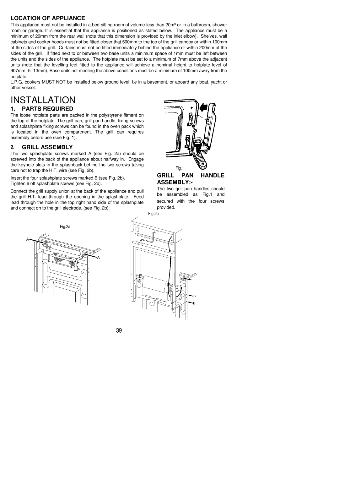 Electrolux 55GX installation instructions Location of Appliance, Parts Required, Grill Assembly, Grill PAN Handle Assembly 