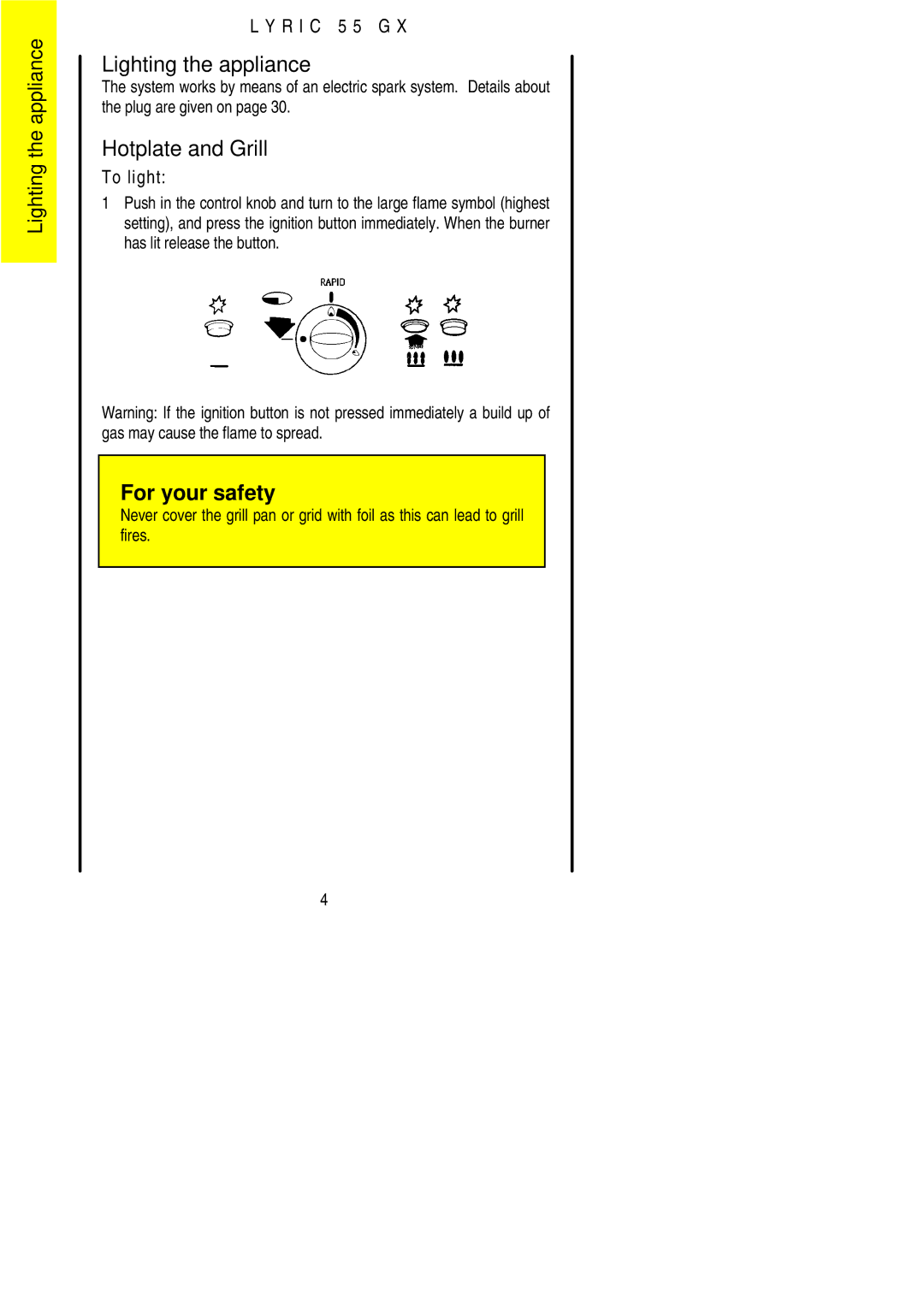 Electrolux 55GX installation instructions Lighting the appliance, Hotplate and Grill 