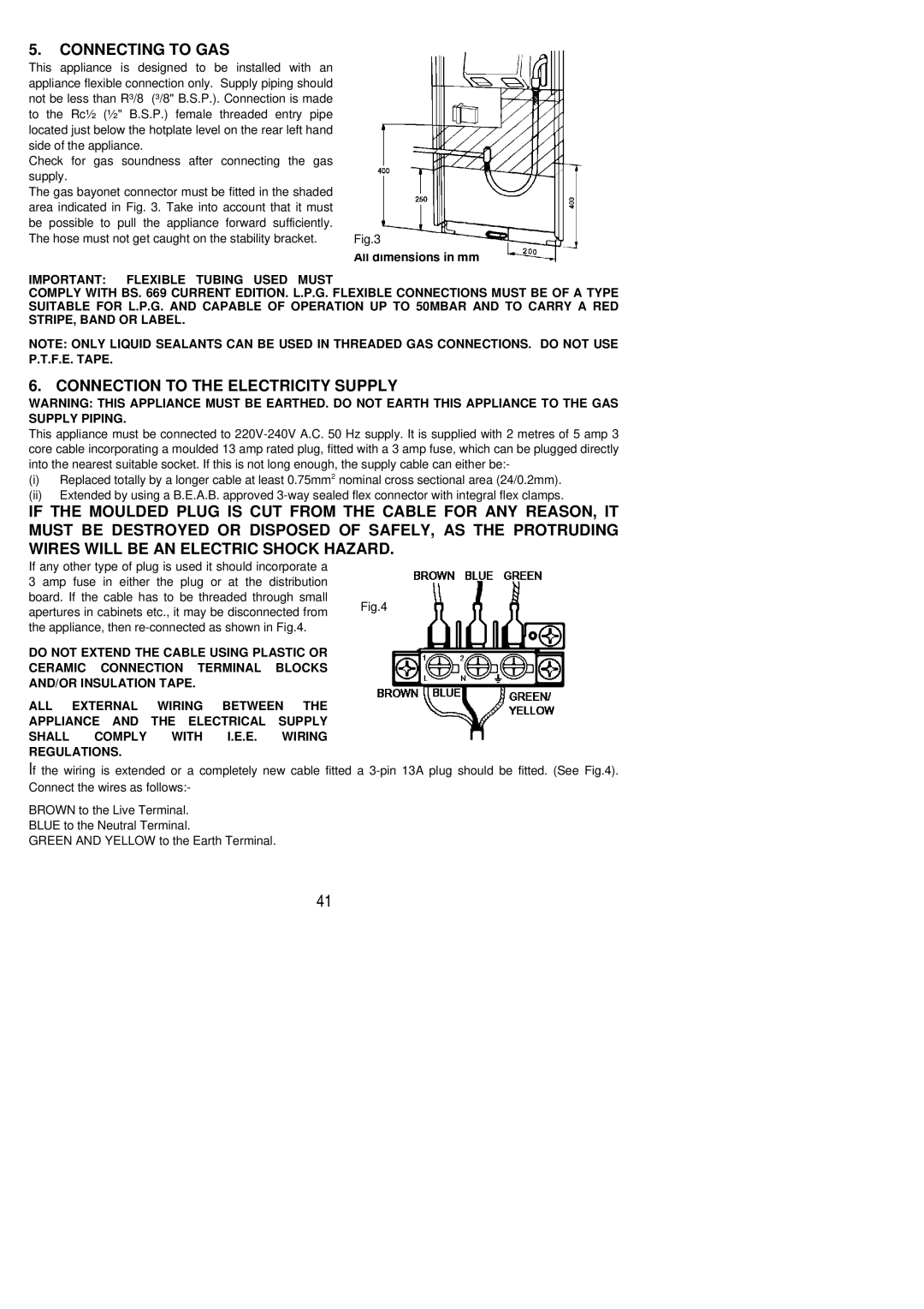 Electrolux 55GX installation instructions Connecting to GAS, Connection to the Electricity Supply 