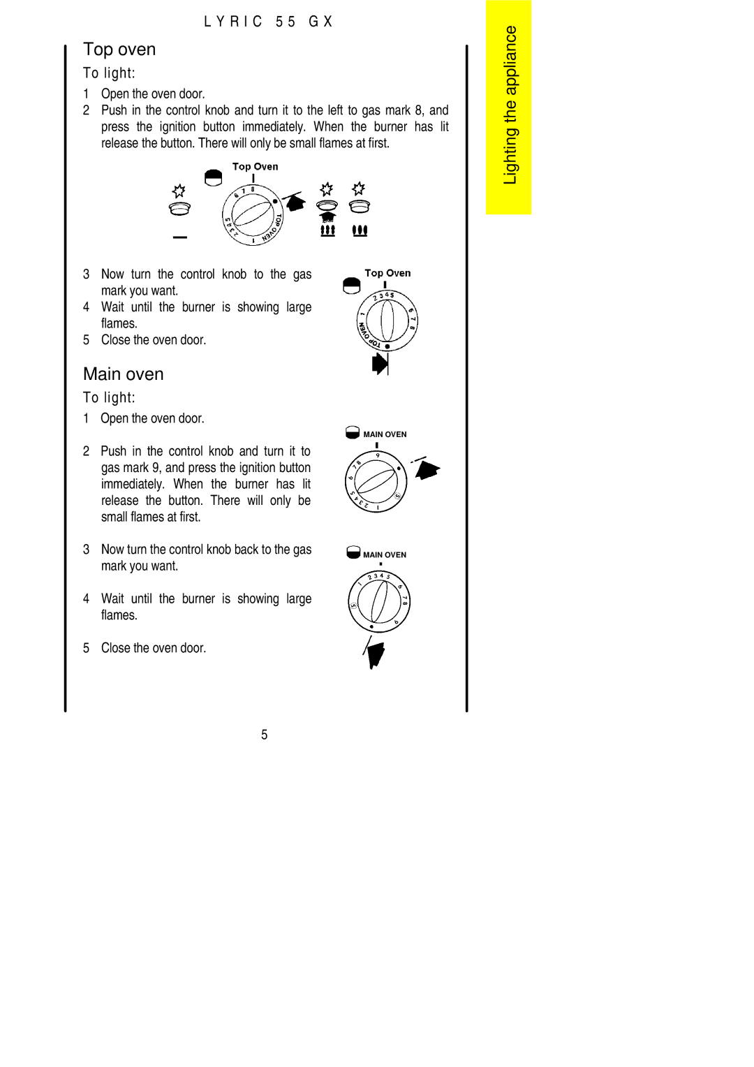 Electrolux 55GX installation instructions Top oven, Main oven, Open the oven door, Mark you want 