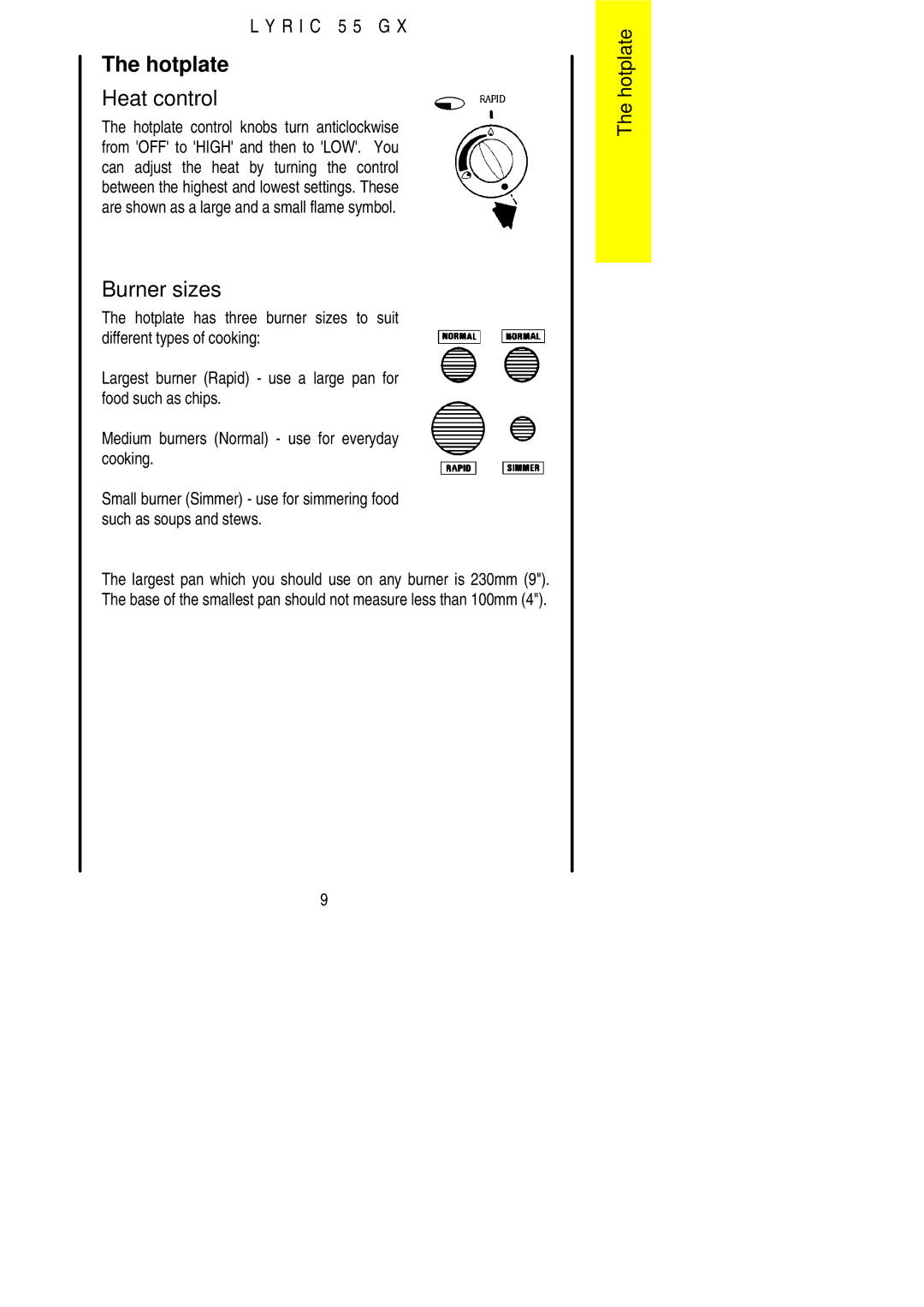 Electrolux 55GX installation instructions Hotplate, Burner sizes 