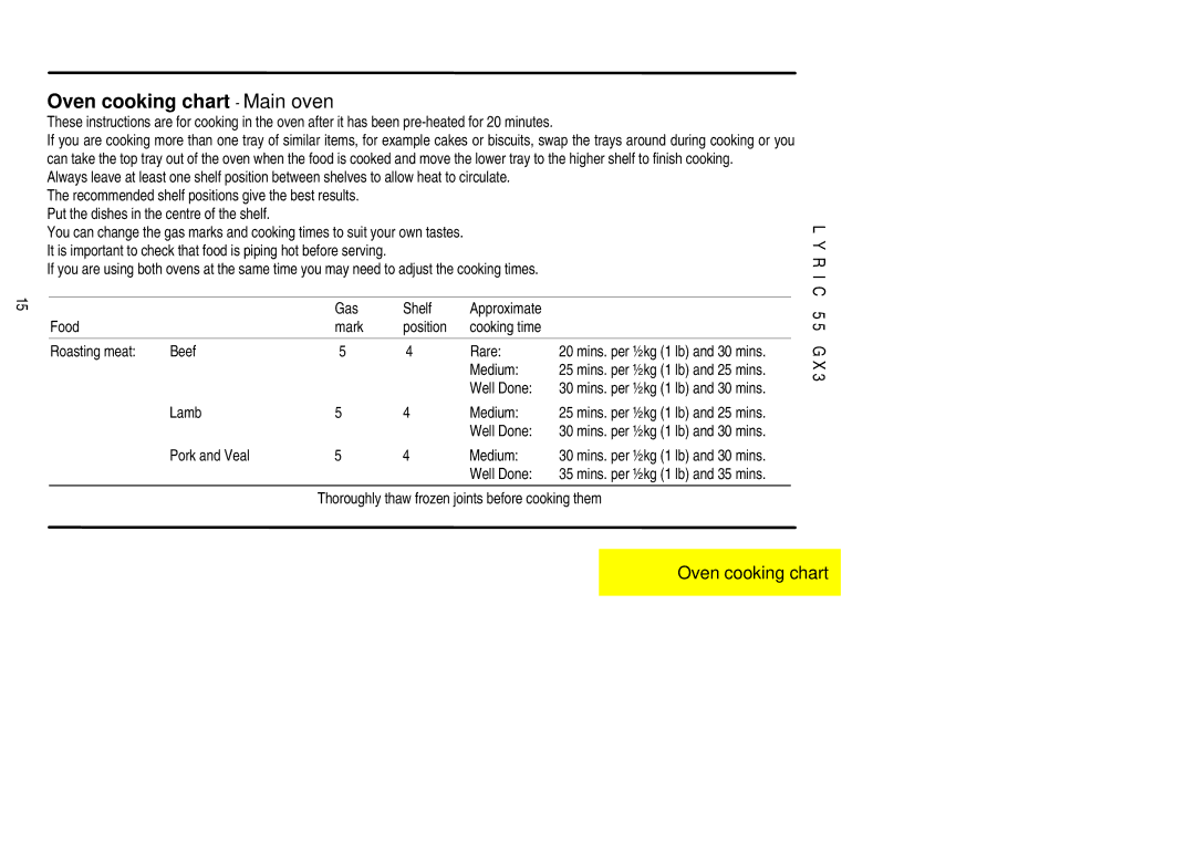 Electrolux 55GX3 installation instructions Oven cooking chart Main oven 