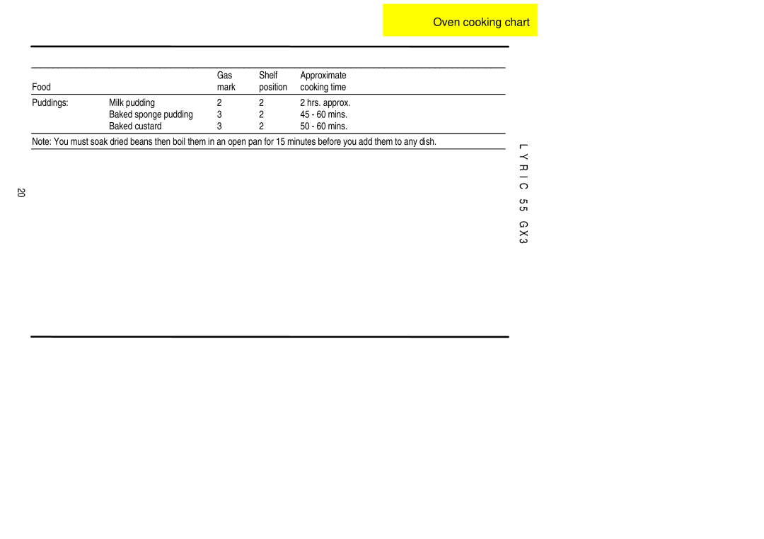 Electrolux 55GX3 installation instructions 45 60 mins, Baked custard 50 60 mins 