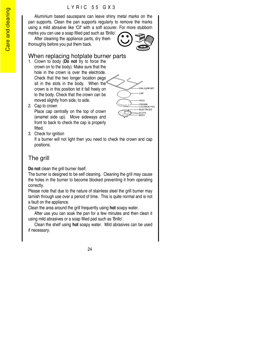 Electrolux 55GX3 installation instructions When replacing hotplate burner parts, Grill 