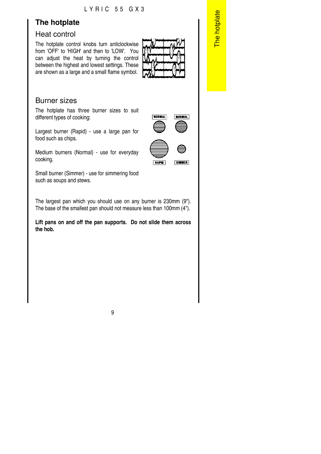 Electrolux 55GX3 installation instructions Hotplate, Burner sizes 