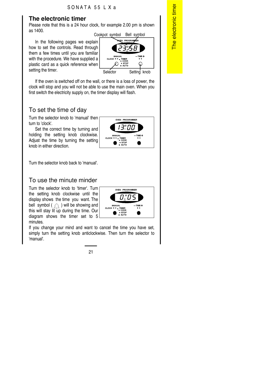 Electrolux 55LXa Electronic timer, To set the time of day, To use the minute minder, Turn the selector knob back to manual 