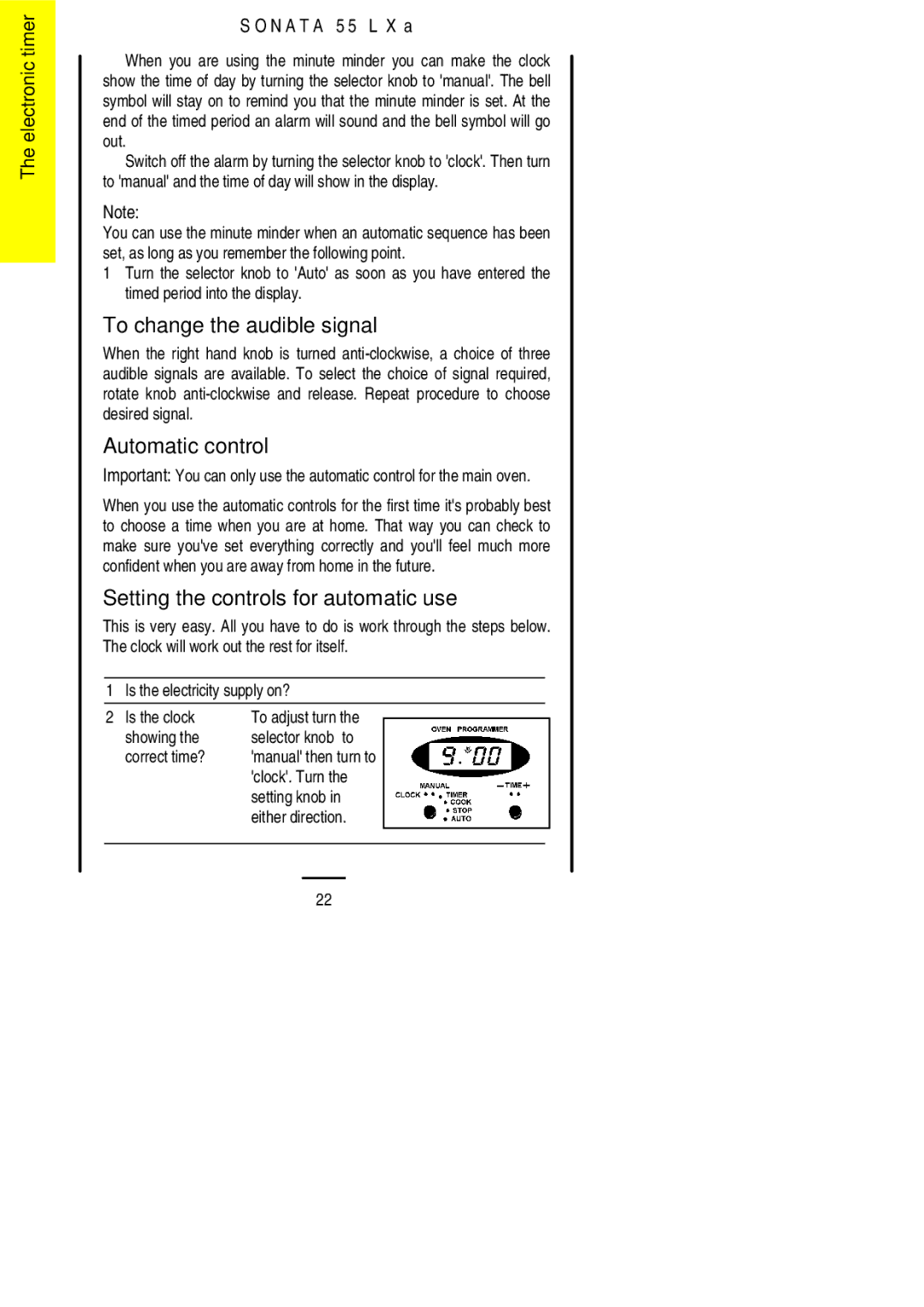 Electrolux 55LXa To change the audible signal, Automatic control, Setting the controls for automatic use 