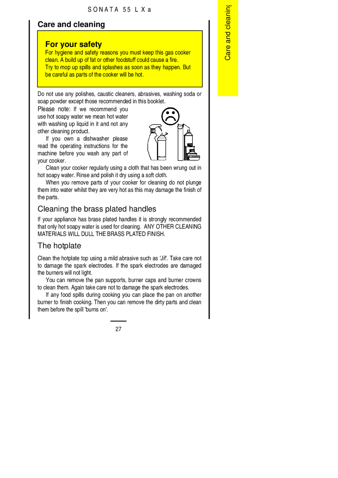 Electrolux 55LXa installation instructions Care and cleaning For your safety, Cleaning the brass plated handles 