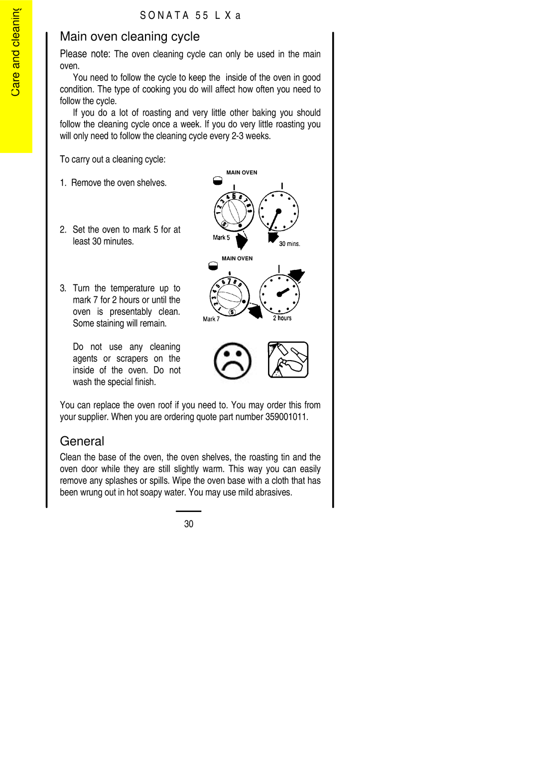 Electrolux 55LXa installation instructions Main oven cleaning cycle, To carry out a cleaning cycle 