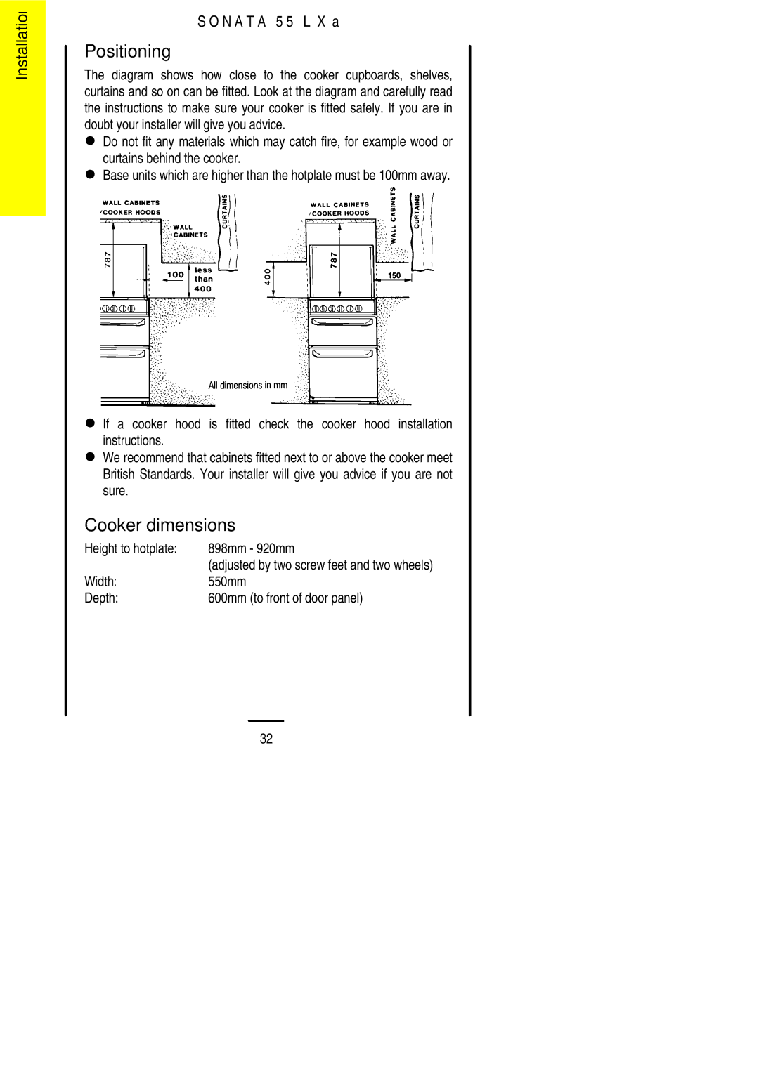 Electrolux 55LXa installation instructions Positioning, Cooker dimensions, Height to hotplate 898mm 920mm 