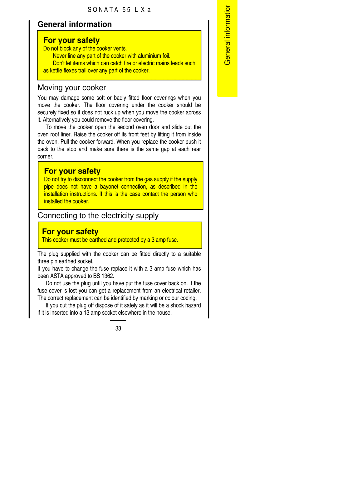 Electrolux 55LXa General information For your safety, Moving your cooker, Connecting to the electricity supply 