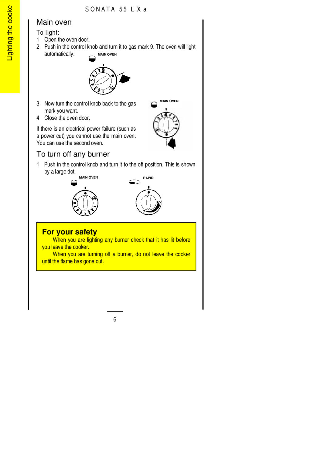 Electrolux 55LXa installation instructions Main oven, To turn off any burner, Mark you want Close the oven door 