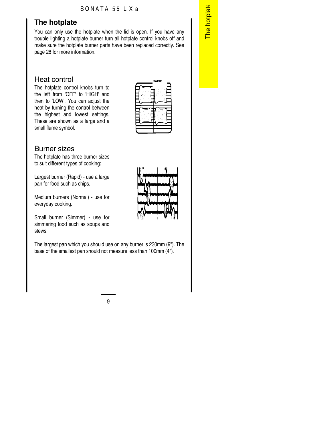 Electrolux 55LXa installation instructions Hotplate, Heat control, Burner sizes 