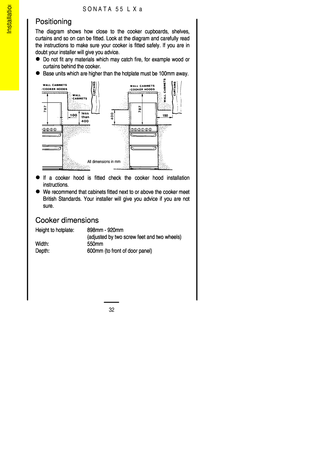 Electrolux 55LXa installation instructions Positioning, Cooker dimensions, Installation, S O N A T A 5 5 L X a 