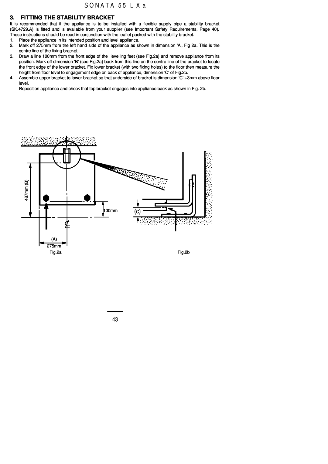 Electrolux 55LXa installation instructions S O N A T A 5 5 L X a, Fitting The Stability Bracket 