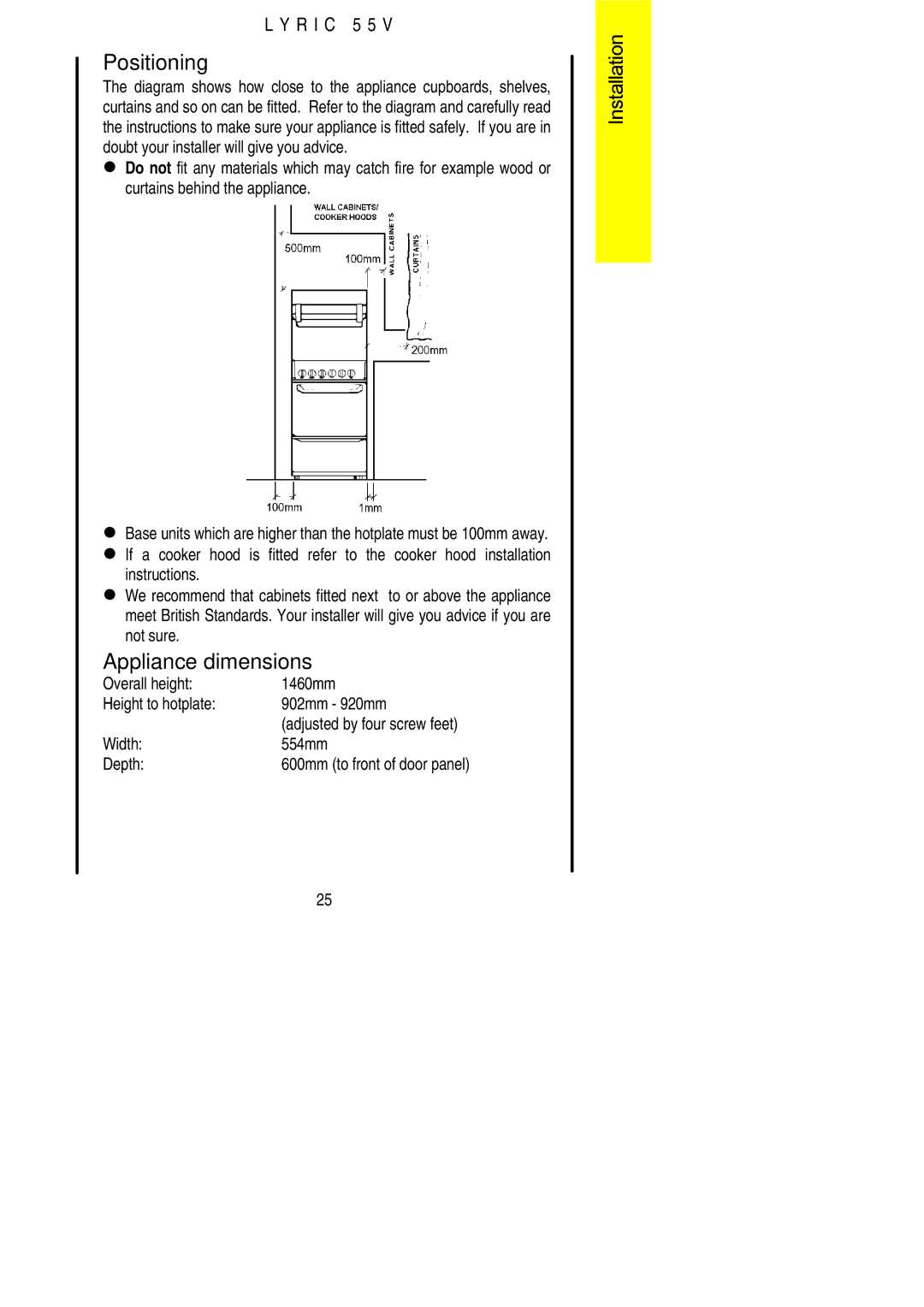 Electrolux 55V Positioning, Appliance dimensions, Overall height 1460mm Height to hotplate 902mm 920mm, Width 554mm Depth 