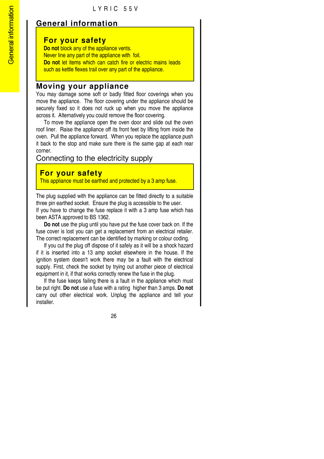 Electrolux 55V General information For your safety, Moving your appliance, Connecting to the electricity supply 