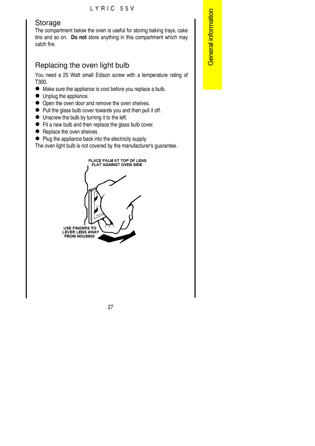 Electrolux 55V installation instructions Storage, Replacing the oven light bulb 