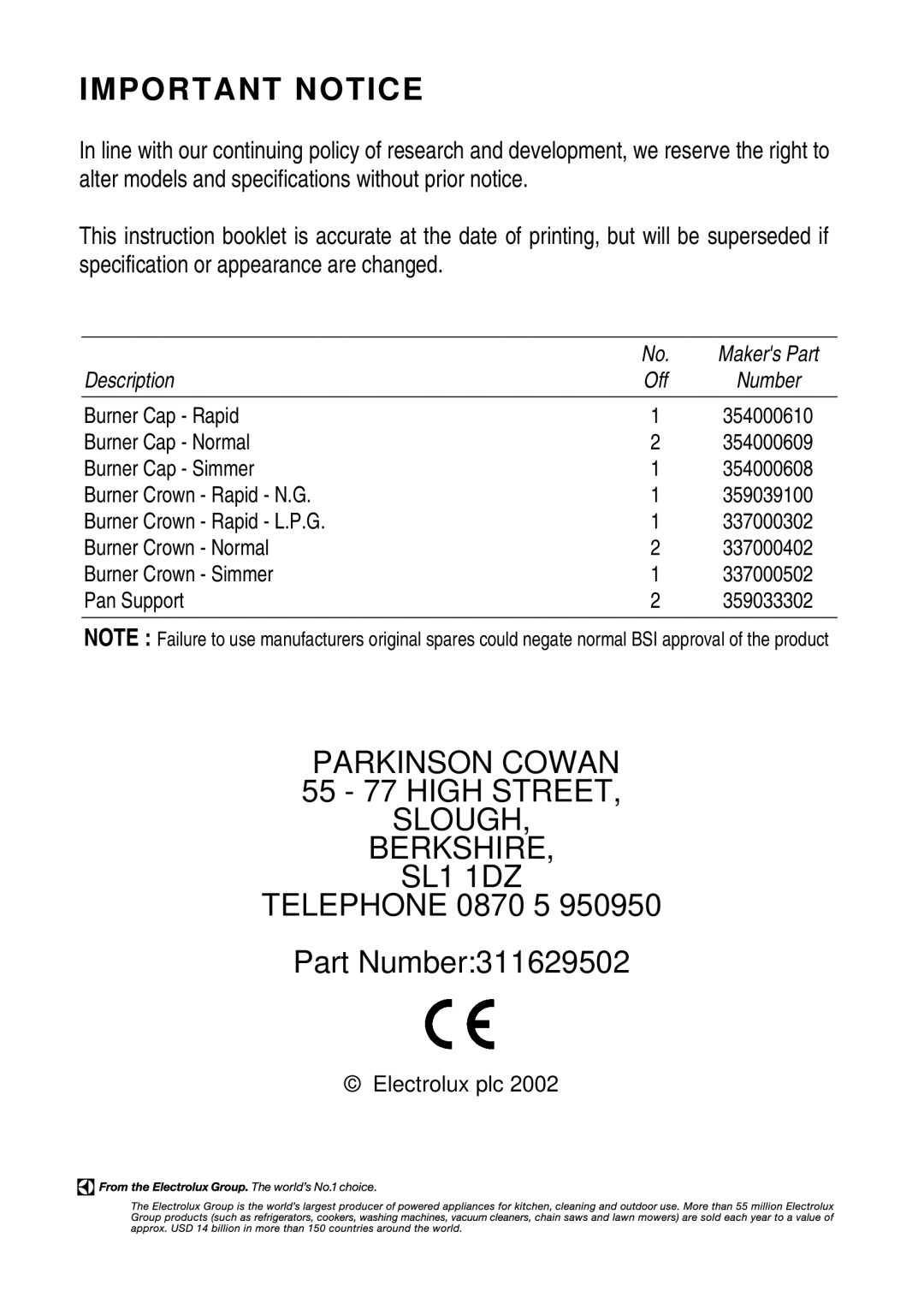 Electrolux 55V installation instructions Important Notice, Telephone 0870 5 Part Number311629502 