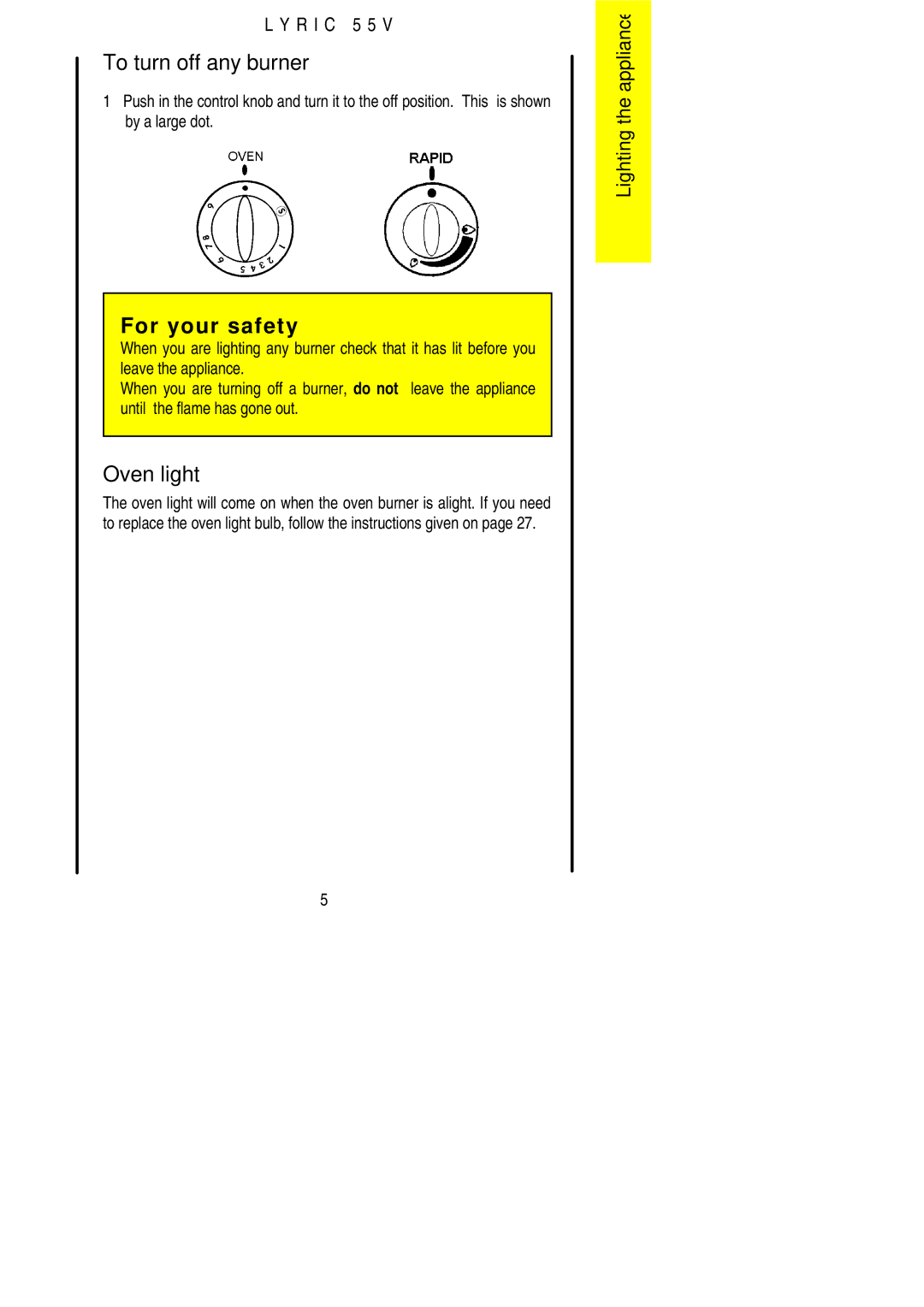 Electrolux 55V installation instructions To turn off any burner, Oven light 