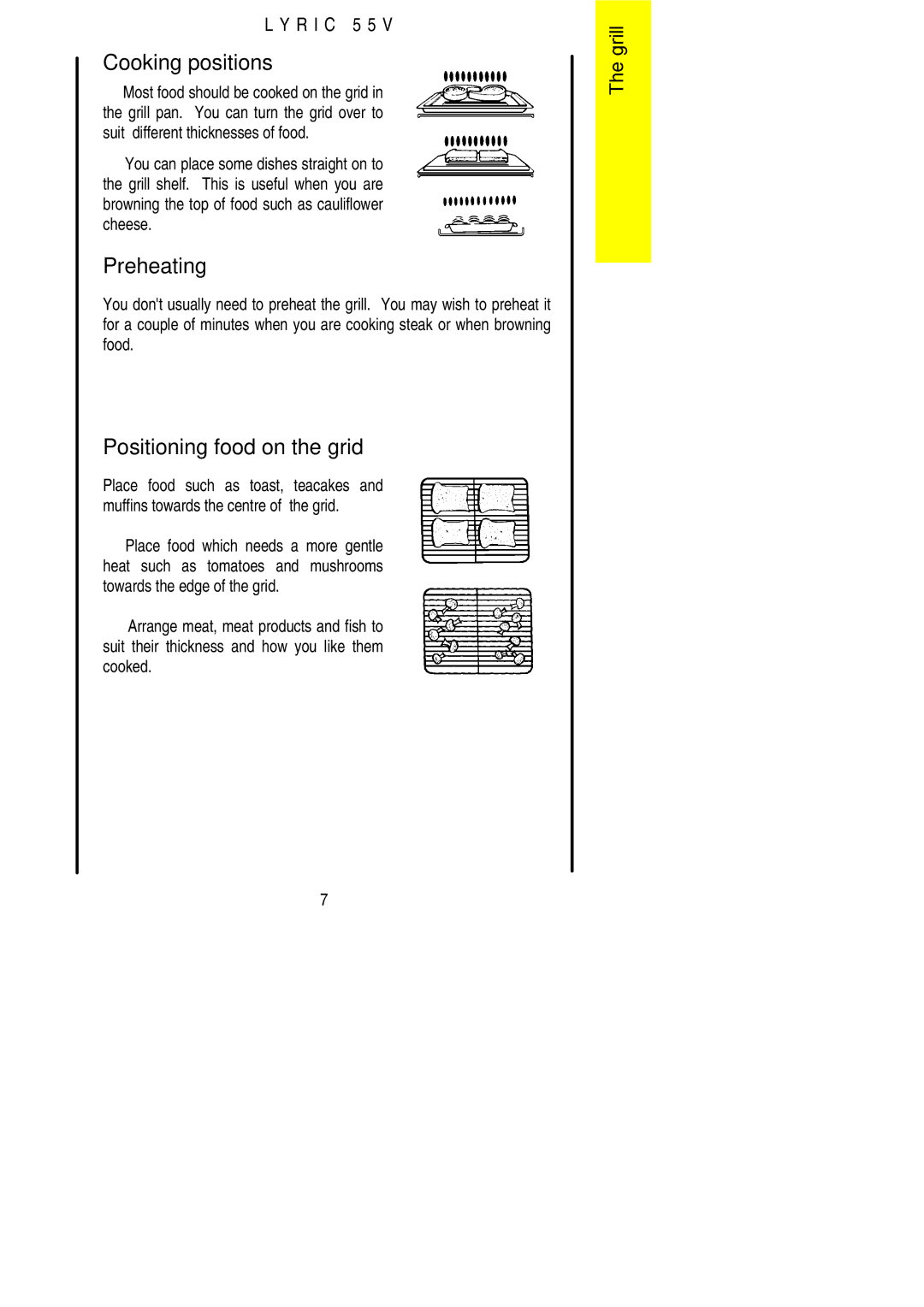 Electrolux 55V installation instructions Cooking positions, Preheating, Positioning food on the grid 