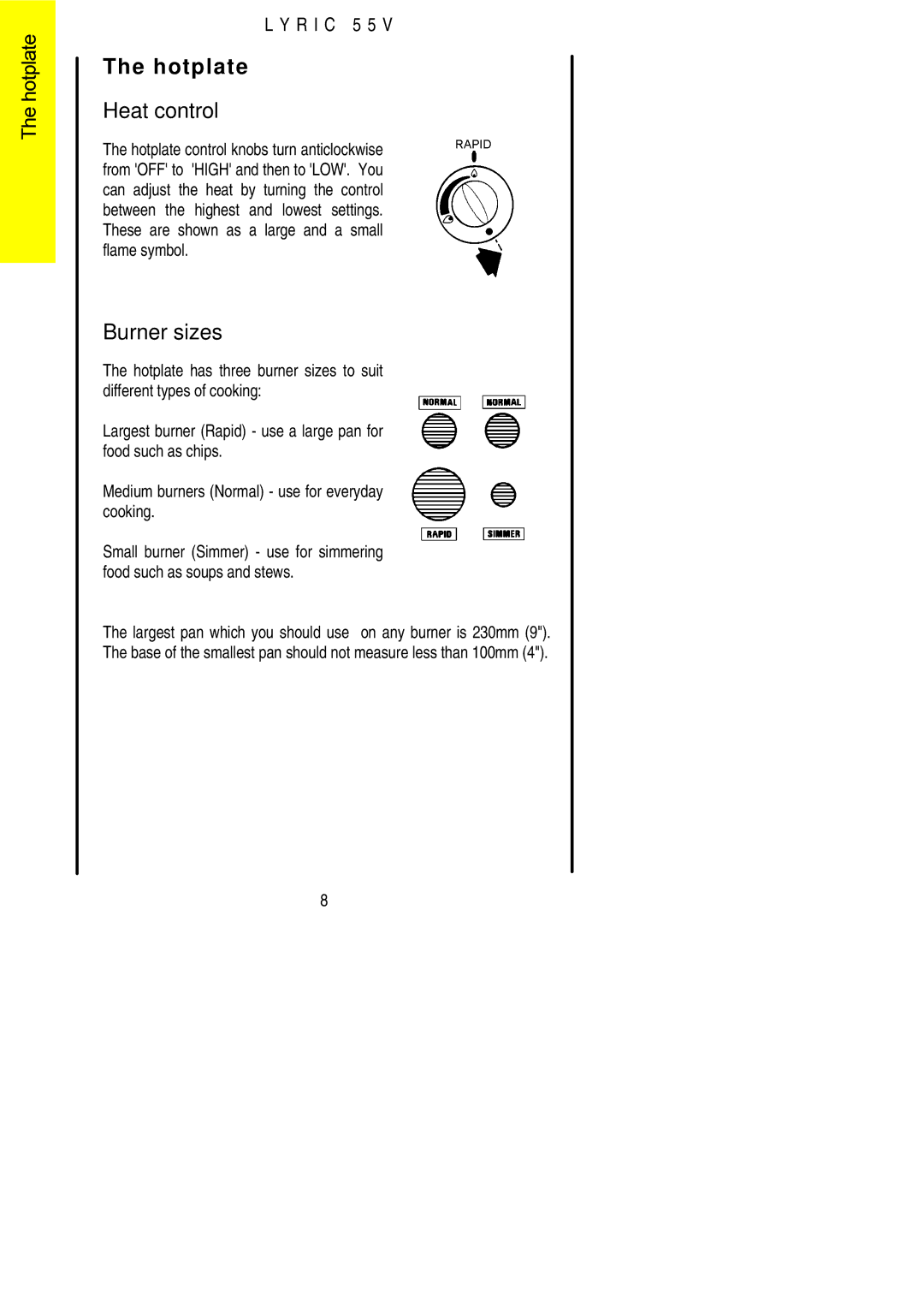 Electrolux 55V installation instructions Hotplate, Burner sizes 