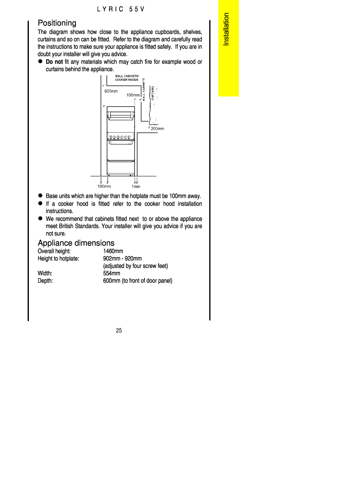 Electrolux 55V installation instructions Positioning, Appliance dimensions, L Y R I C 5 5 