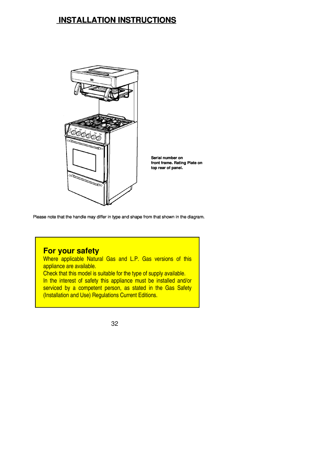 Electrolux 55V Installation Instructions, For your safety, Serial number on front frame. Rating Plate on top rear of panel 