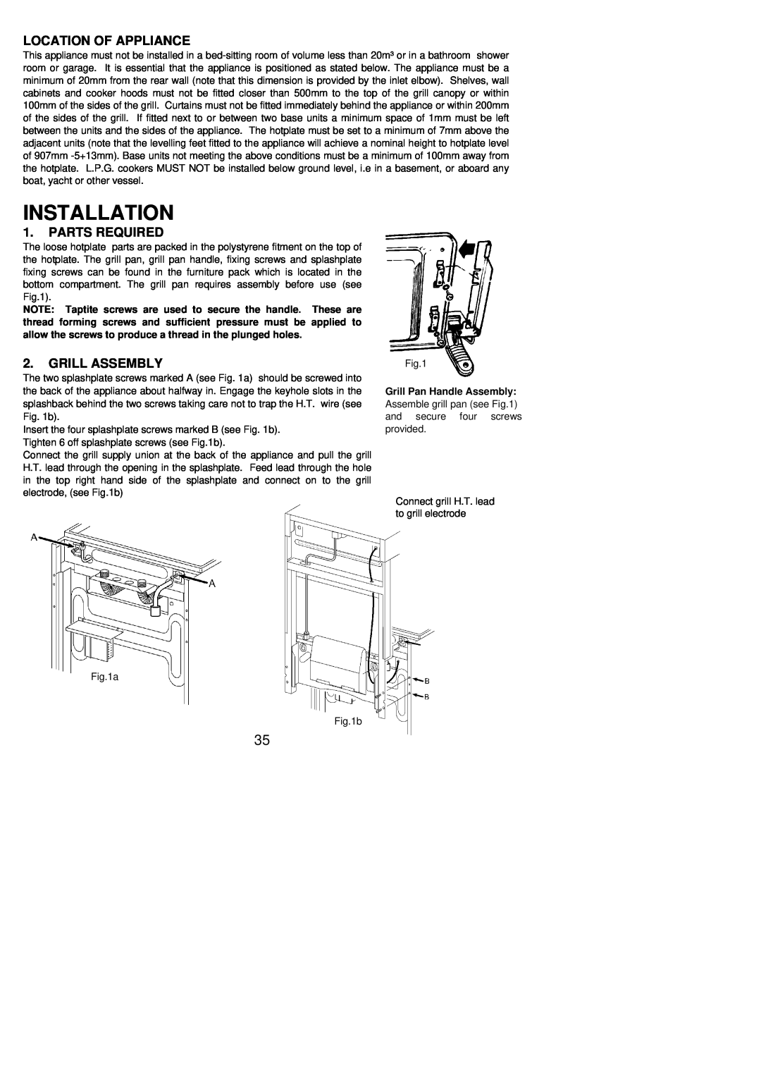 Electrolux 55V installation instructions Installation, Location Of Appliance, Parts Required, Grill Assembly 