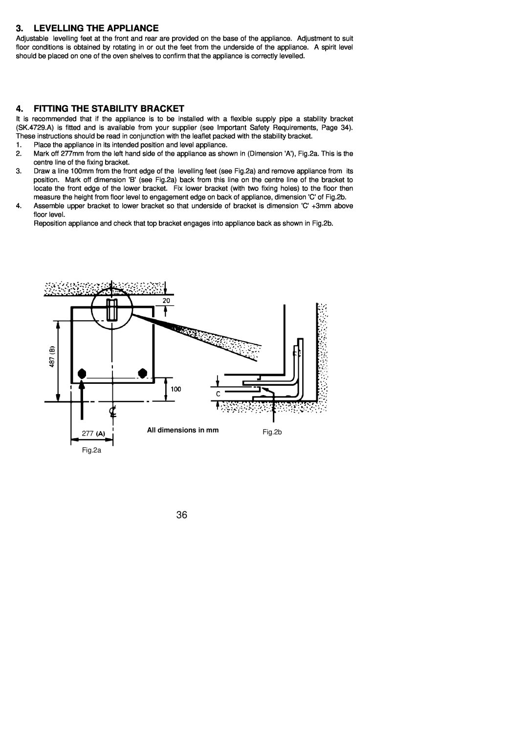 Electrolux 55V installation instructions Levelling The Appliance, Fitting The Stability Bracket, All dimensions in mm 