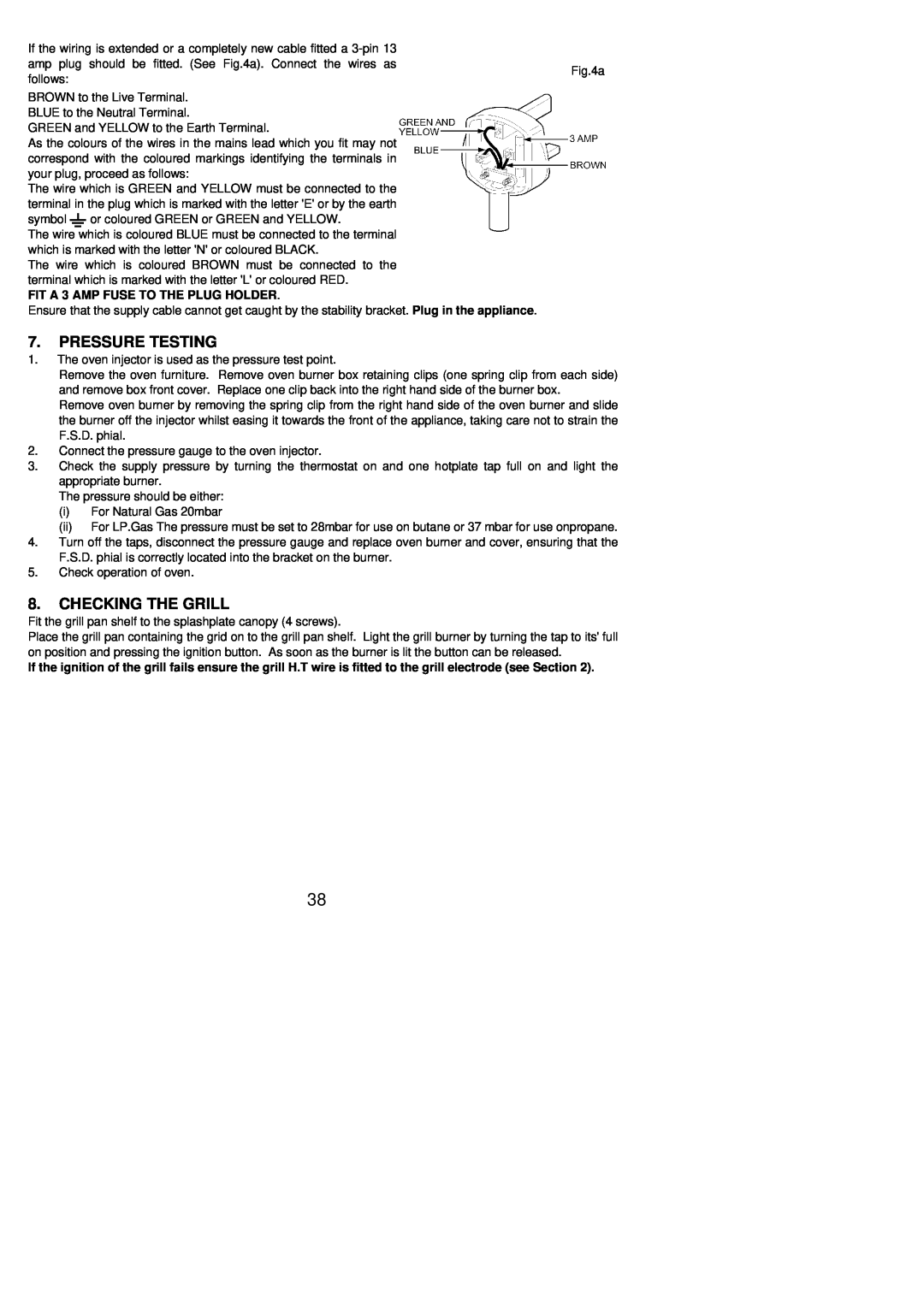 Electrolux 55V installation instructions Pressure Testing, Checking The Grill, FIT A 3 AMP FUSE TO THE PLUG HOLDER 