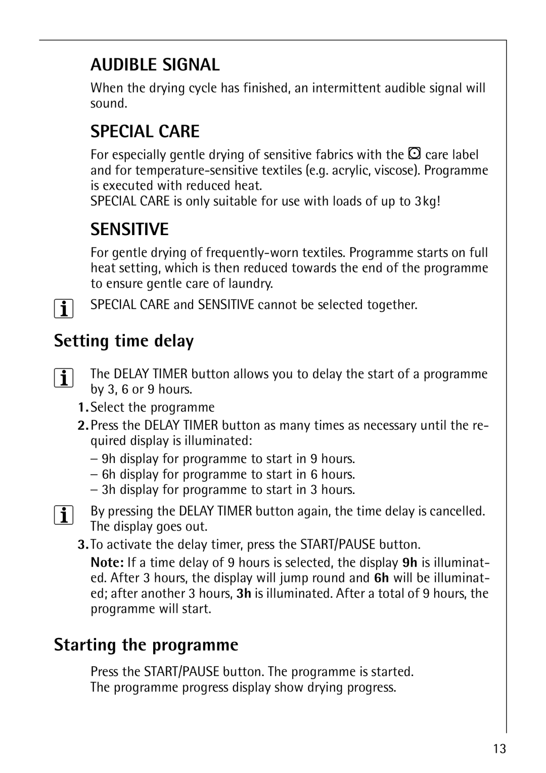 Electrolux 56800 manual Setting time delay, Starting the programme 