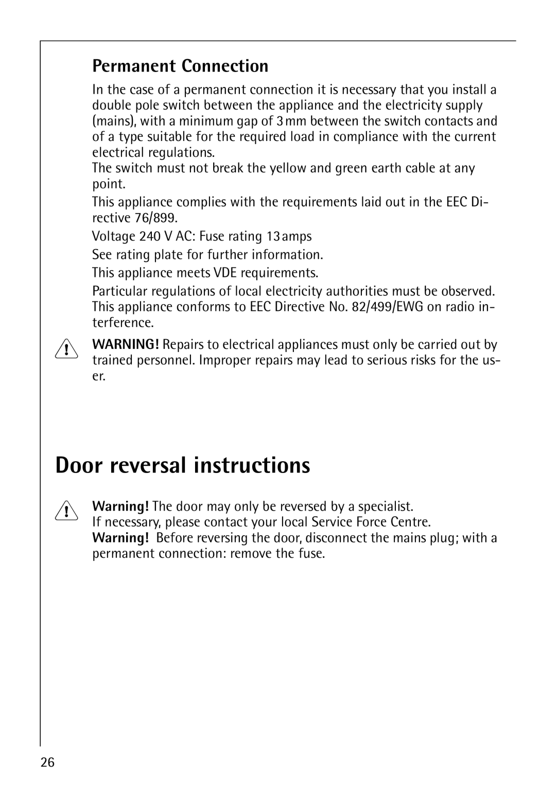 Electrolux 56800 manual Door reversal instructions, Permanent Connection 