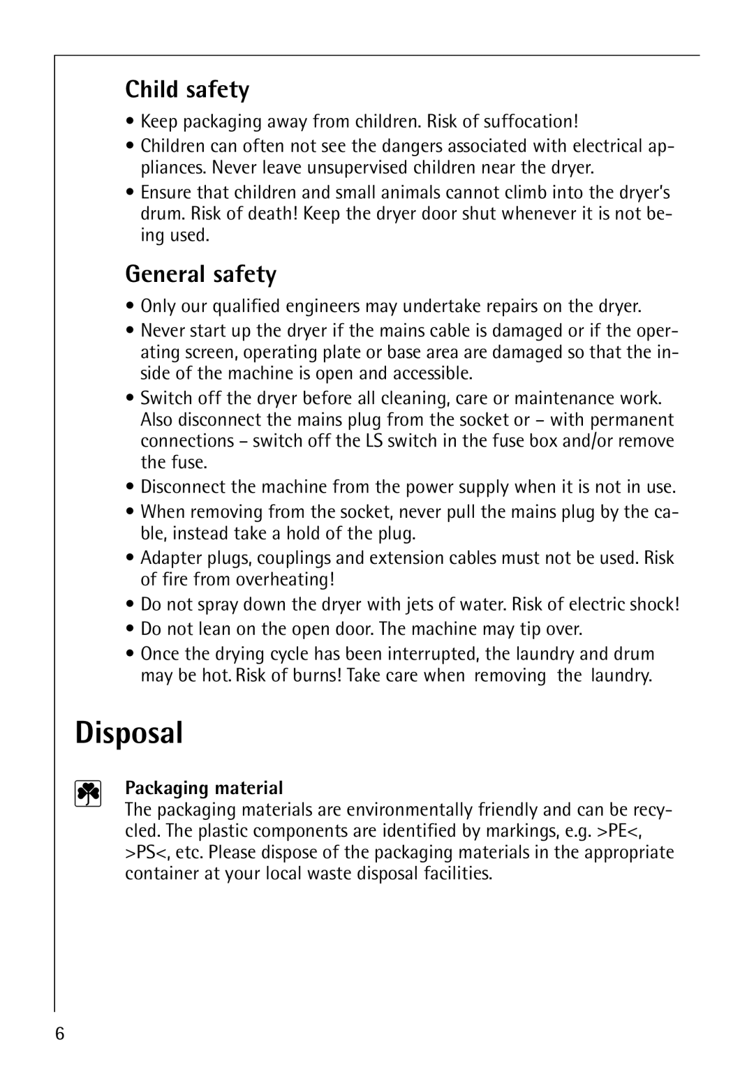 Electrolux 56800 manual Disposal, Child safety, General safety 