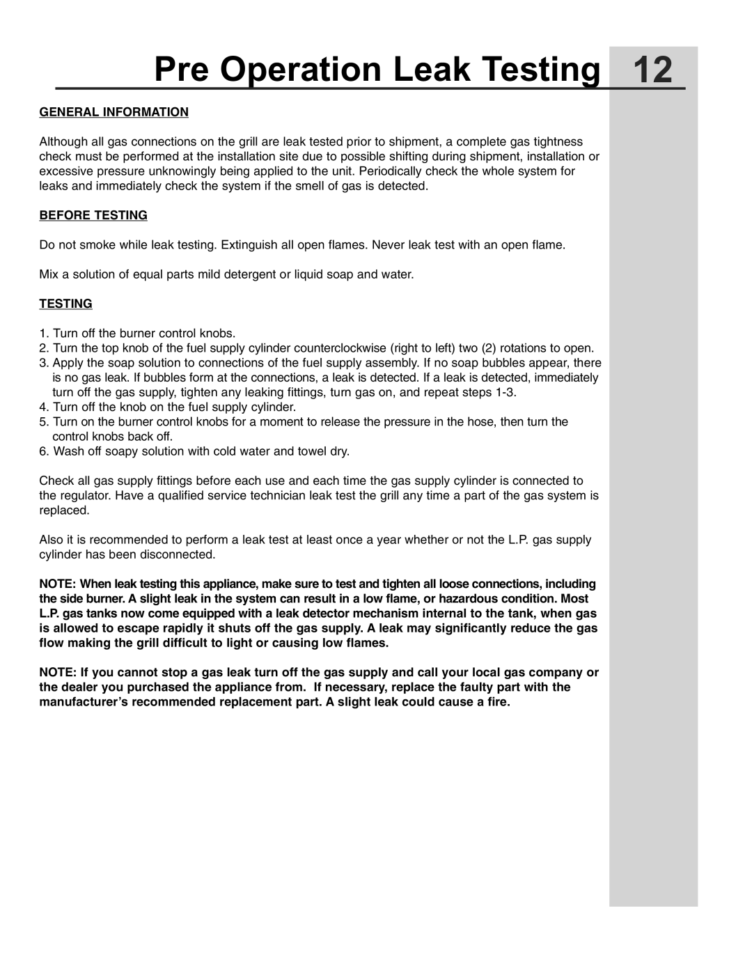 Electrolux 57 Gas Grill manual Pre Operation Leak Testing, Before Testing 