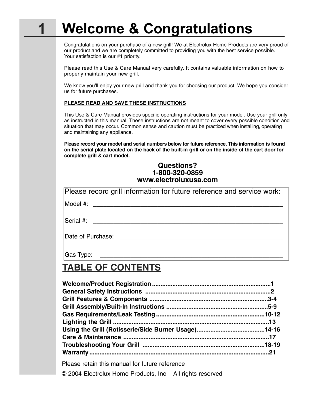 Electrolux 57 Gas Grill manual Welcome & Congratulations, Table of Contents 