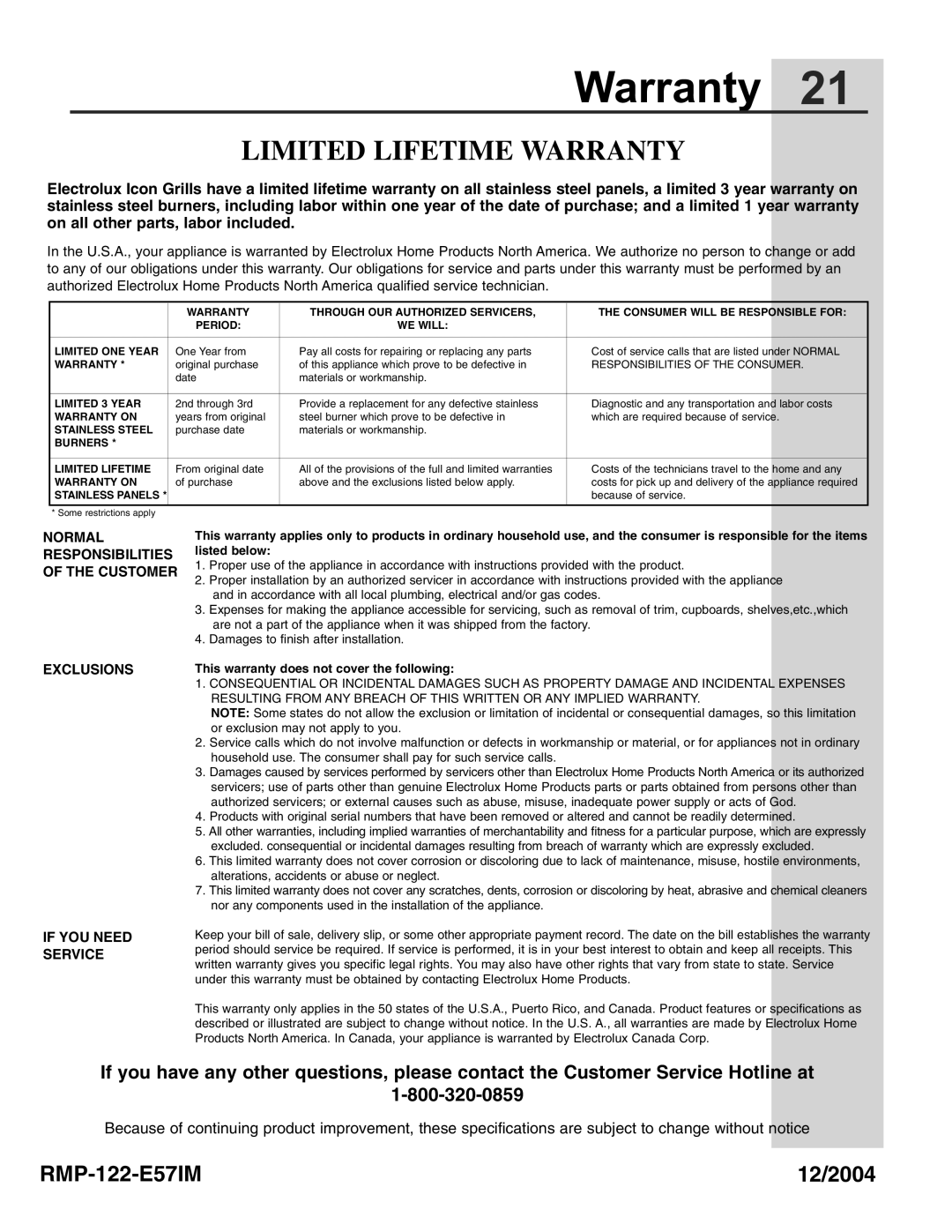 Electrolux 57 Gas Grill manual Limited Lifetime Warranty 