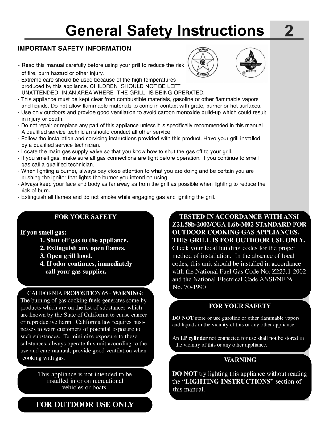 Electrolux 57 Gas Grill manual General Safety Instructions, Important Safety Information 