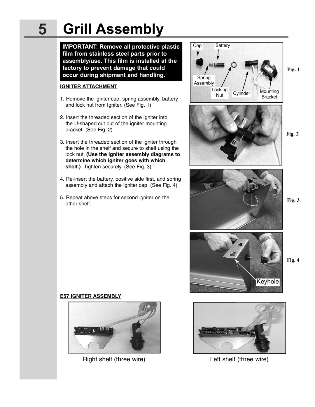 Electrolux 57 Gas Grill manual Grill Assembly, Igniter Attachment, E57 Igniter Assembly 