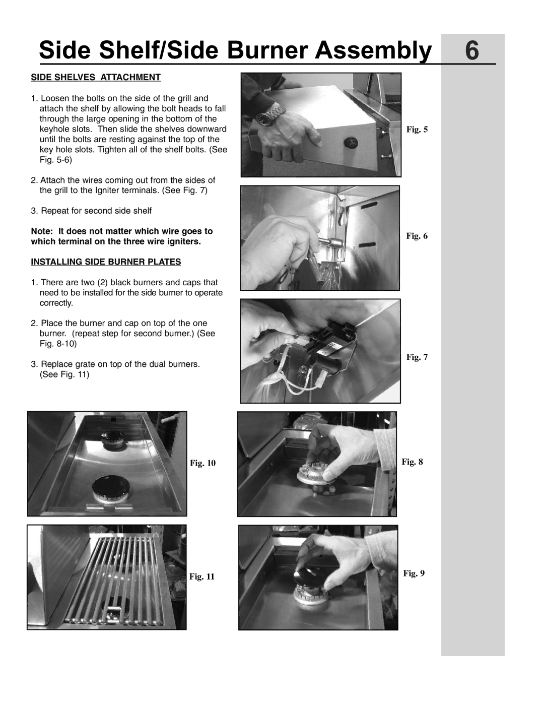 Electrolux 57 Gas Grill manual Side Shelf/Side Burner Assembly, Side Shelves Attachment, Installing Side Burner Plates 