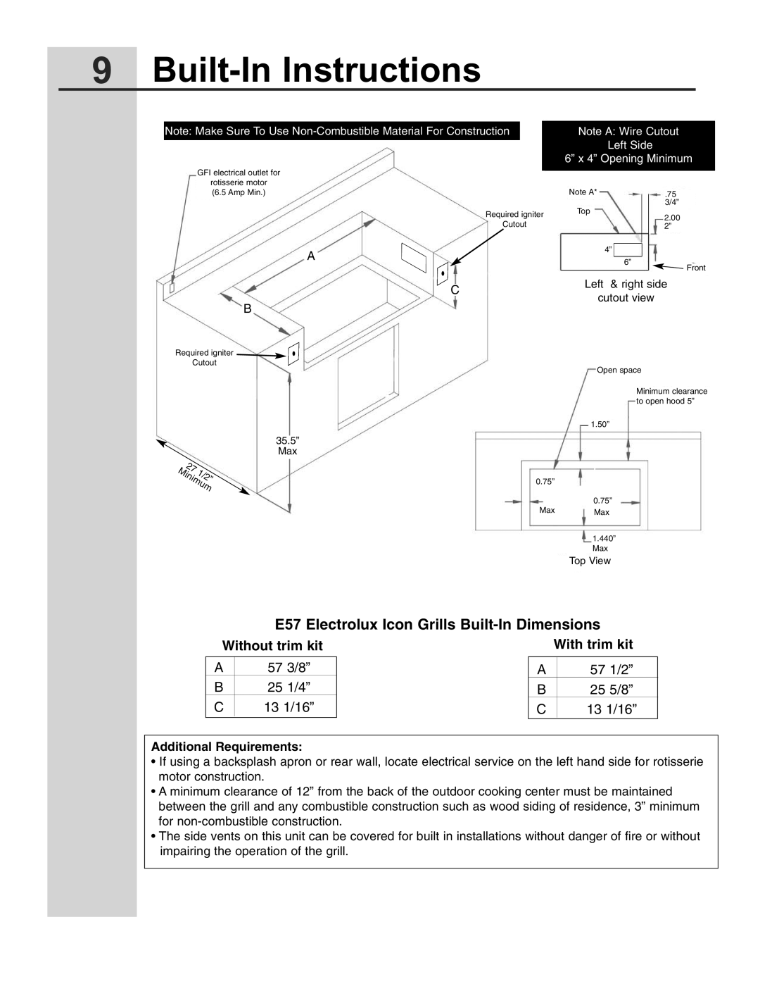 Electrolux 57 Gas Grill manual Additional Requirements, Opening Minimum 