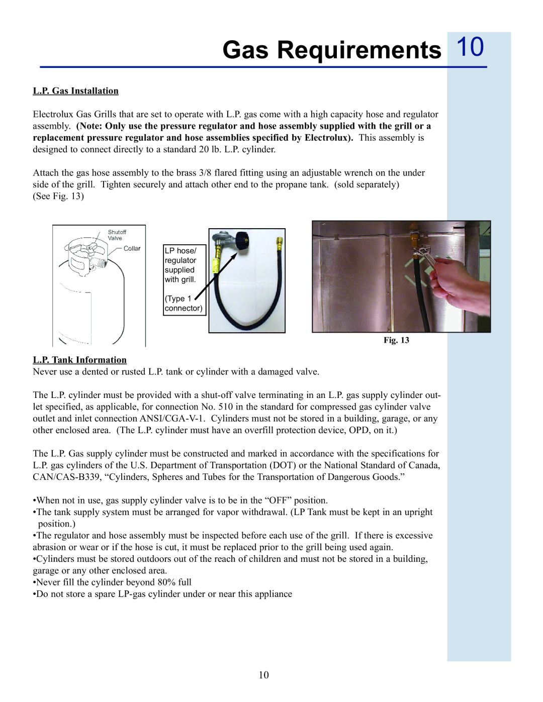 Electrolux 57 Stainless Steel Gas Grill manual Gas Installation, Tank Information 