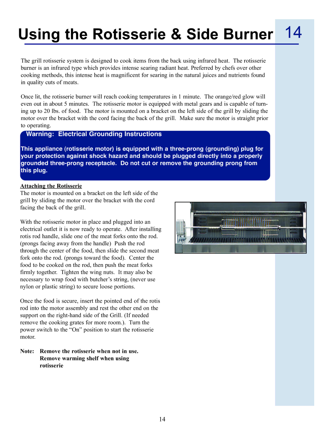 Electrolux 57 Stainless Steel Gas Grill manual Using the Rotisserie & Side Burner, Attaching the Rotisserie 