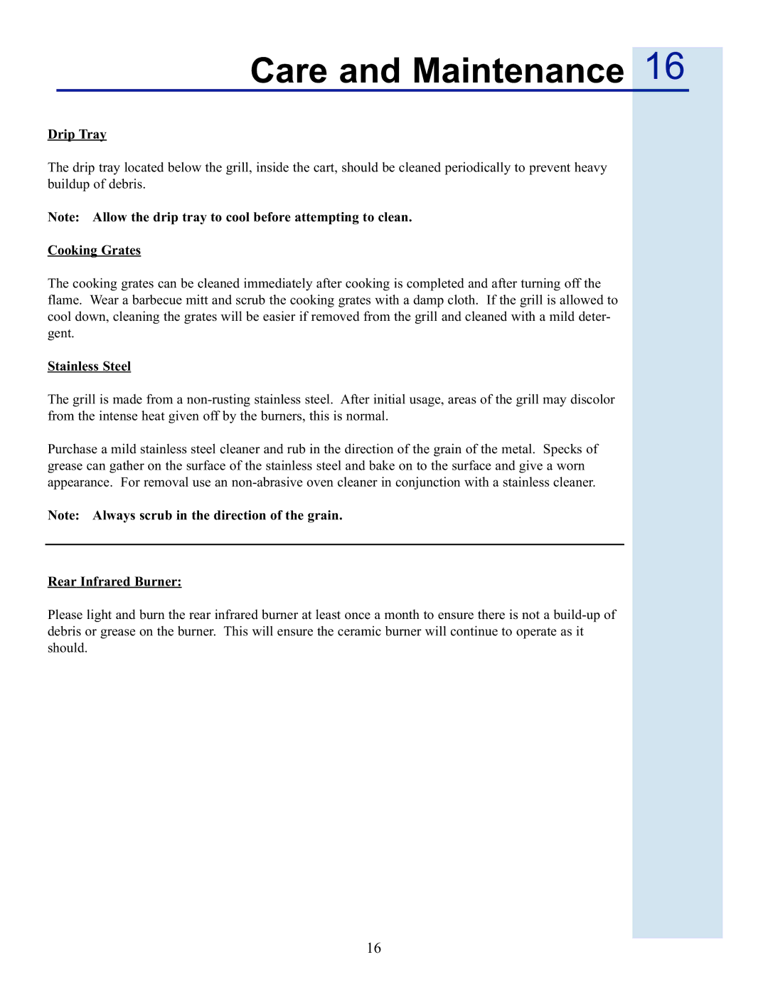 Electrolux 57 Stainless Steel Gas Grill manual Care and Maintenance, Drip Tray, Cooking Grates, Rear Infrared Burner 