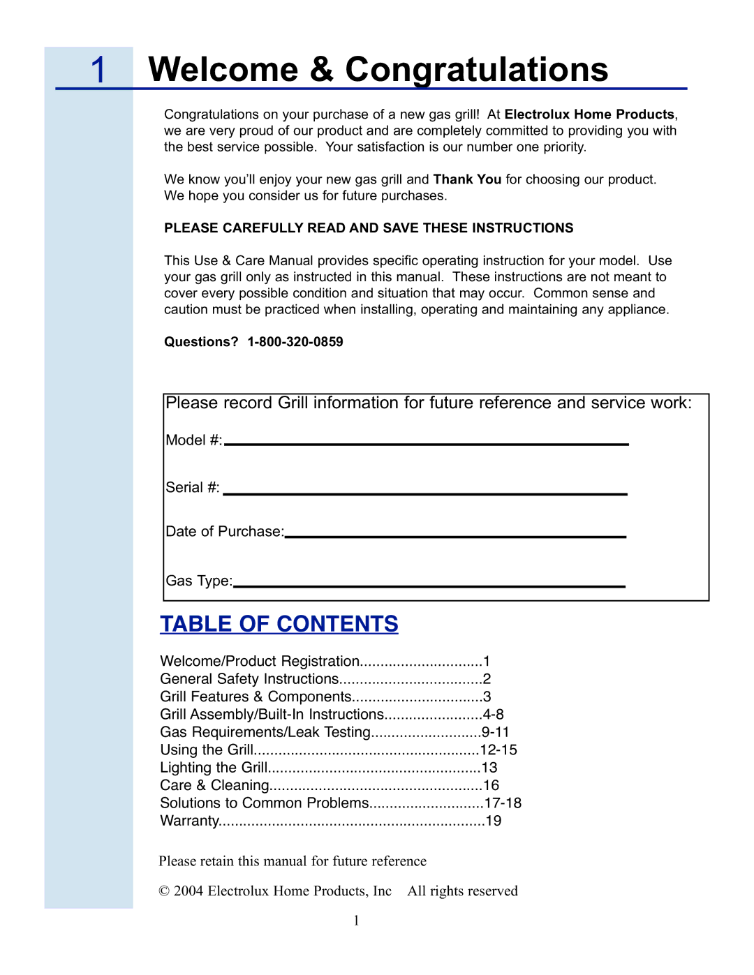 Electrolux 57 Stainless Steel Gas Grill manual Welcome & Congratulations, Table of Contents 