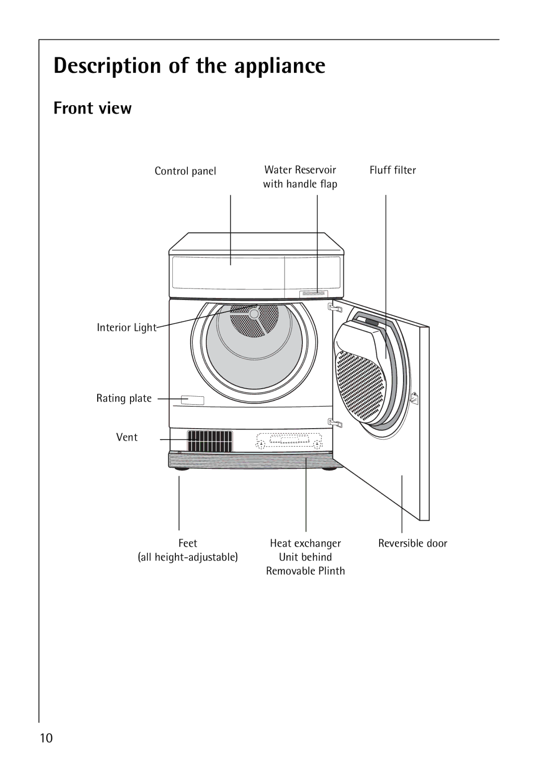 Electrolux 57520 operating instructions Description of the appliance, Front view 