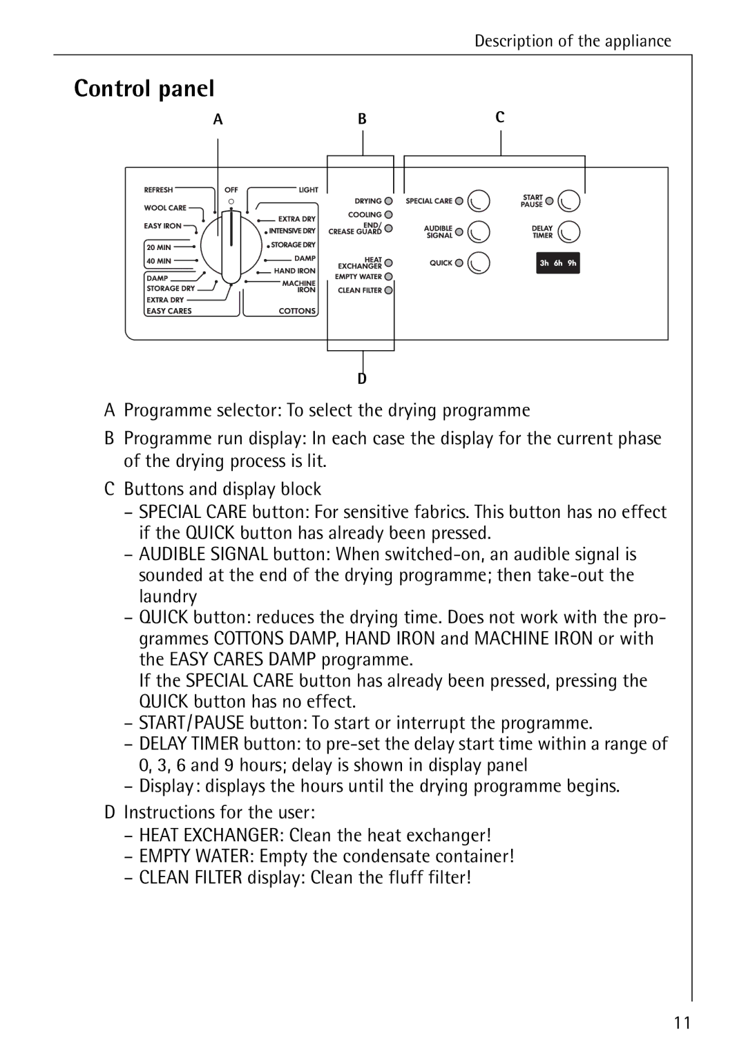 Electrolux 57520 operating instructions Control panel 