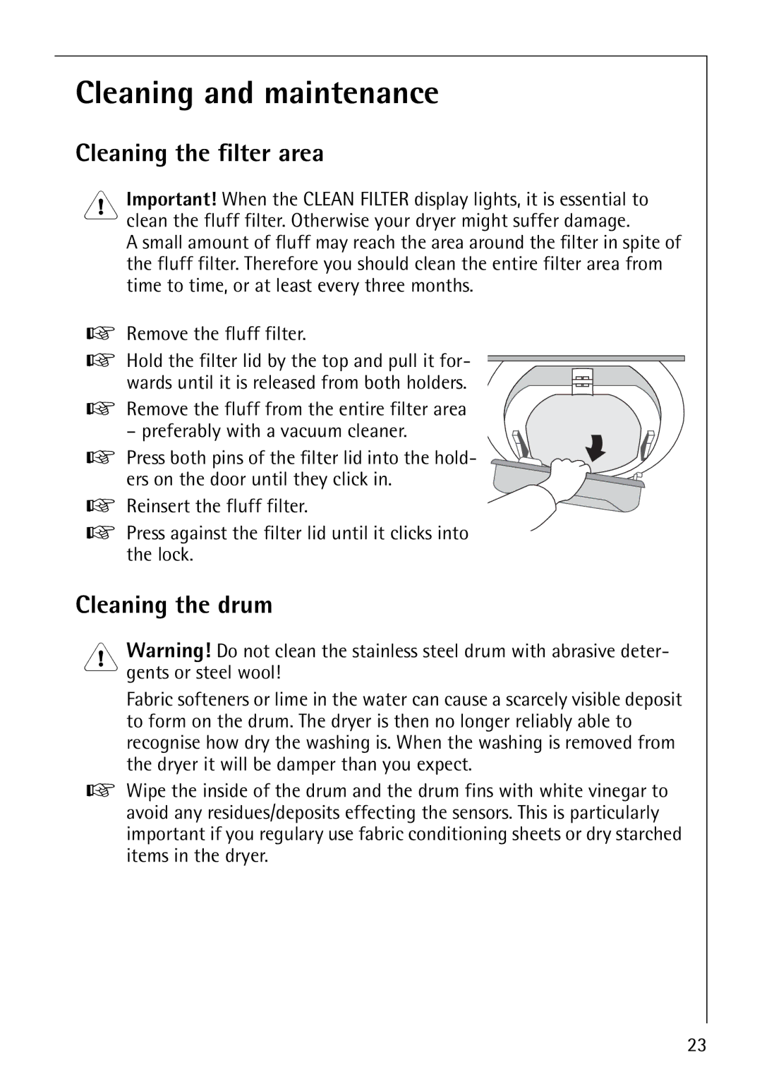 Electrolux 57520 operating instructions Cleaning and maintenance, Cleaning the filter area, Cleaning the drum 