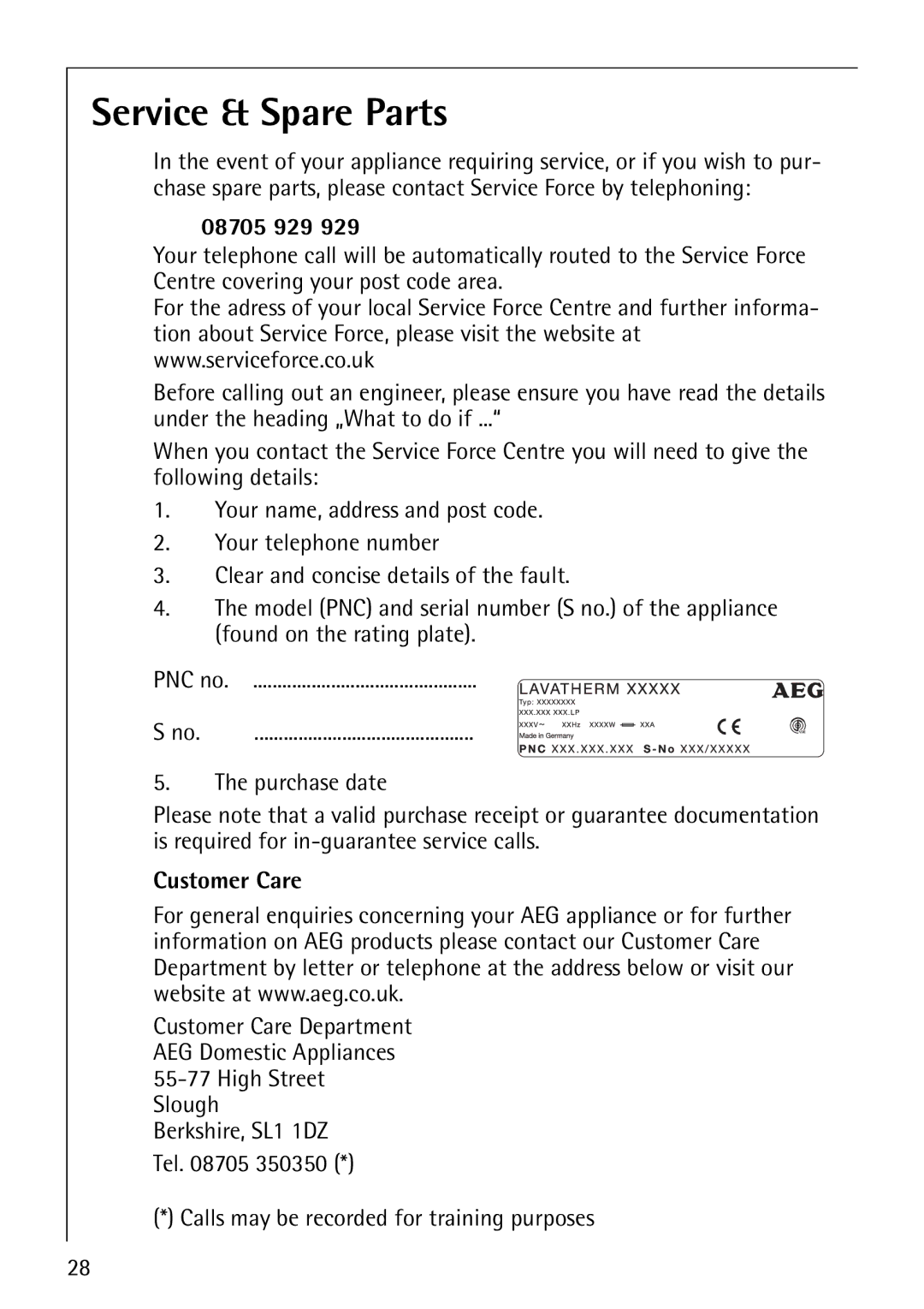 Electrolux 57520 operating instructions Service & Spare Parts, 08705 929 